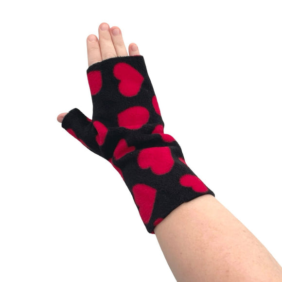 Black fingerless arm warmers with red hearts