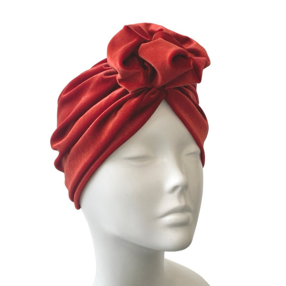 Rust Orange Velvet Rosette Knot Turban Hat