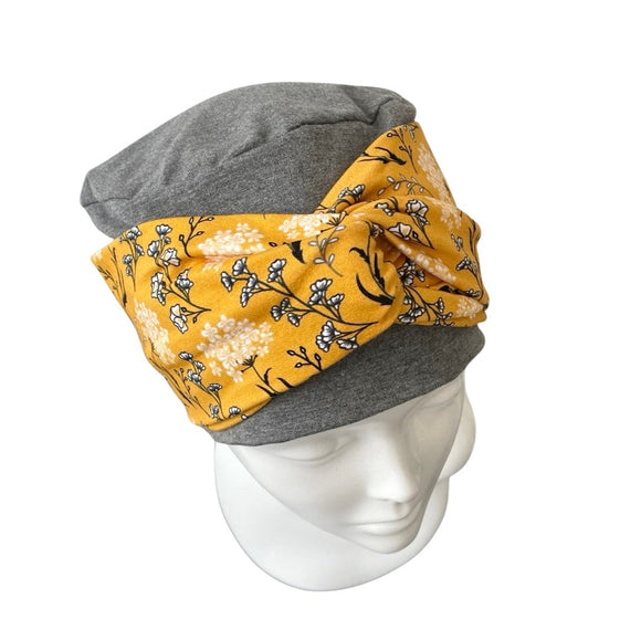 Charcoal Turban Beanie Hat with Mustard Headband 