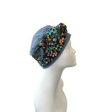 Dusky Blue Bamboo Seamless Jersey Turban Beanie Hat with Detachable Headband