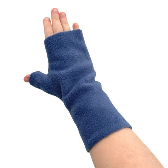 Fingerless denim blue fleece arm warmer gloves