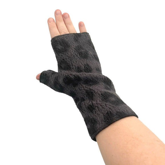 Grey and black leopard print fingerless gloves