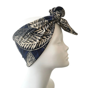 Self Tie Navy and Beige Leaf Print Headband 