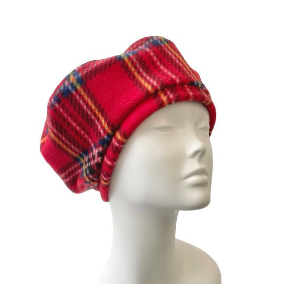 Soft Tartan Fleece Beret Hat for Women 