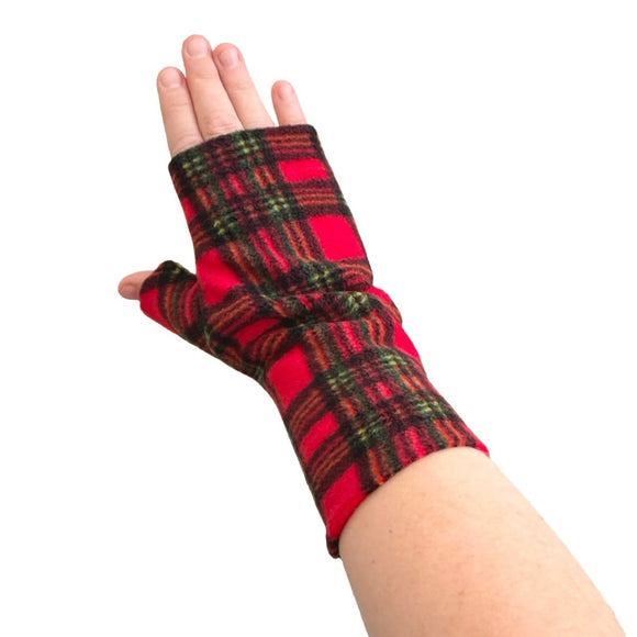 Soft red tartan fingerless wrist warmer gloves