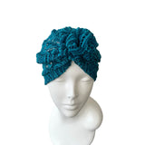 Teal Blue Soft Lace Rosette Turban Hat