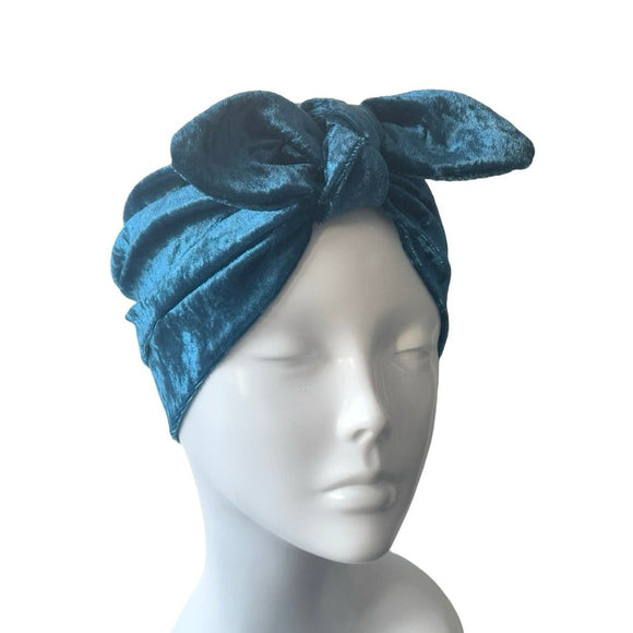 Teal Velvet Retro Style Cosy Bow Turban 