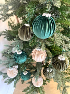 Velour Christmas Tree Baubles in Green and Champagne