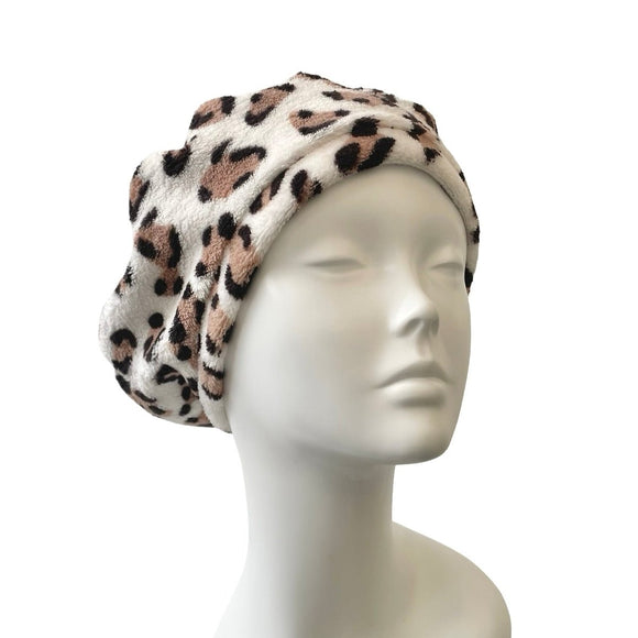 White and Brown Leopard Soft Beret Hat 