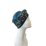 Teal Blue Soft Seamless Bamboo Turban Beanie Hat with Detachable Floral Headband