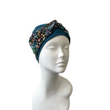 Teal Blue Soft Seamless Bamboo Turban Beanie Hat with Detachable Floral Headband