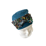 Teal Blue Soft Seamless Bamboo Turban Beanie Hat with Detachable Floral Headband