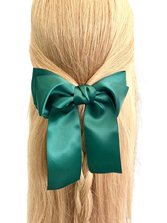 Green silky satin hair bow barrette clip for women