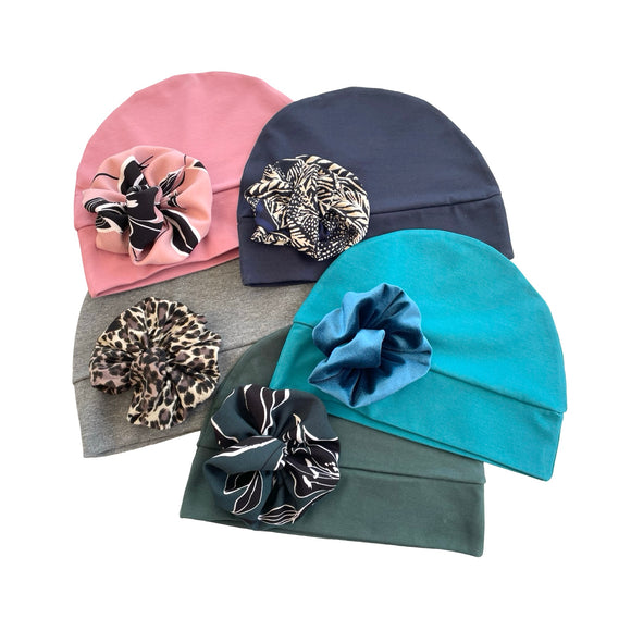 Colourful Cotton Beanie Hat with a Rosette