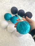 Velvet Christmas Baubles in Dark Navy, Turquoise and White