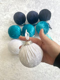 Velvet Christmas Baubles in Dark Navy, Turquoise and White