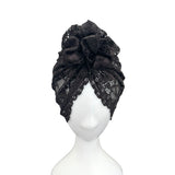 Black Stretchy Lace Rosette Knot Turban