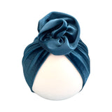 Rosette Baby Girl Fashion Turban Hat in Petrol Blue Luxury Velvet - Size 6-18 Months