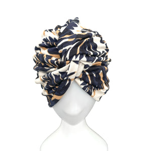 Navy Leaves on Beige Jersey Summer Turban 