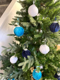 Velvet Christmas Baubles in Dark Navy, Turquoise and White