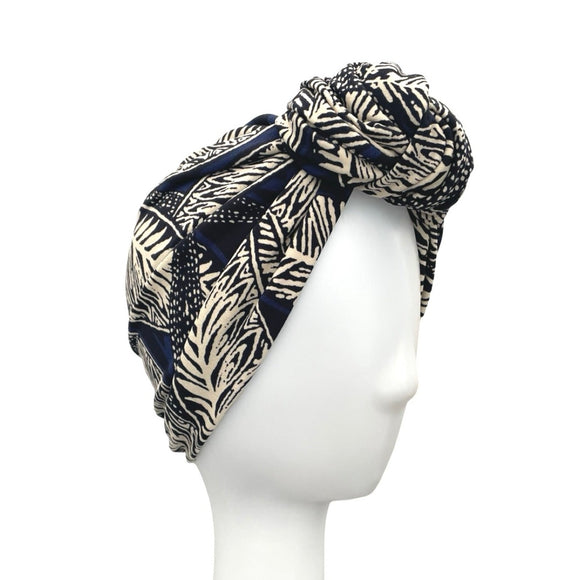 Navy Leaf Print Retro Style Turban