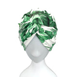 Lined White Leaf Print Lycra Jersey Turban