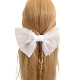 White Pearl Tulle Bridal Wedding Hair Bow Clip