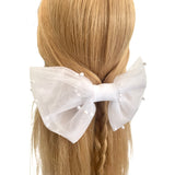 White Pearl Tulle Bridal Wedding Hair Bow Clip