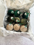 Velour Christmas Tree Baubles in Green and Champagne