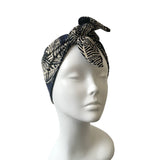 Self Tie Navy and Beige Leaf Print Headband 