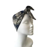 Self Tie Navy and Beige Leaf Print Headband 