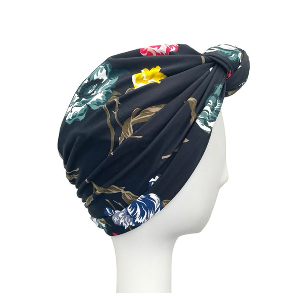 Black Floral Vintage Style Turban Hat