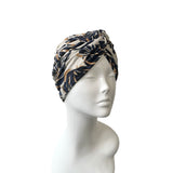 Navy Leaves on Beige Jersey Summer Turban