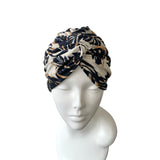 Navy Leaves on Beige Jersey Summer Turban