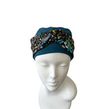 Teal Blue Soft Seamless Bamboo Turban Beanie Hat with Detachable Floral Headband